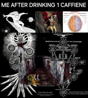 Overstimulated caffeine metaphor as occult spiritual awakening — dense collage of cosmic horror, mystical diagrams, and internet culture imagery.