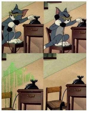 Tom and Jerry plays chess while the board glitches into Matrix code — Jerry wins by doing nothing, a tech-era metaphor for incomprehensible AI supremacy.