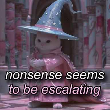 A CGI white cat dressed as a sparkly wizard, invoking the expanding-brain meme format to suggest that "nonsense seems to be escalating"—a deadpan observation on chaos or absurdist escalation.