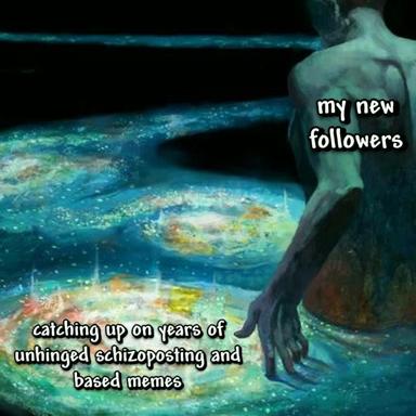 A meme pairing deep-sea hydrothermal vents with a quip about new followers discovering years of unhinged posts—the hostile alien world as metaphor for an eccentric archive.