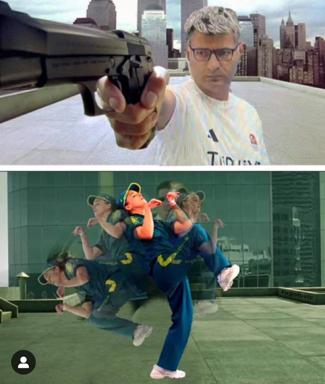 Rooftop gunslinger (top) versus exaggerated martial-arts multiplied kick (bottom)—action-movie noir split with surreal repetition and deadpan energy.