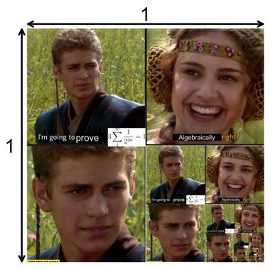 A meme from Star Wars: Episode II featuring a mathematical proof breakdown. A young man earnestly states "I'm going to prove [an infinite series formula]" while a smiling woman responds "Algebraically, right?" — followed by recursive iterations of smaller panels visualizing the geometric reduction, ending in infinite recursion.