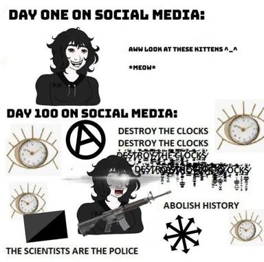 Two-panel meme: Day 1 on social media (cute), Day 100 (radicalized and unhinged)