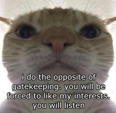A white cat's front-facing extreme close-up with intensely staring eyes and wide whiskers, overlaid with meme text asserting comical control over the viewer's interests and listening habits.