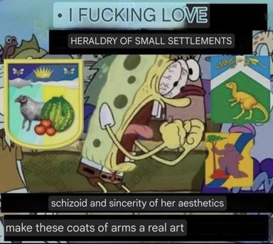 An animated character transfixed by heraldic shields; text escalates from vulgarity to armorial scholarship to aesthetic critique. Pastel cartoon-academic collision.