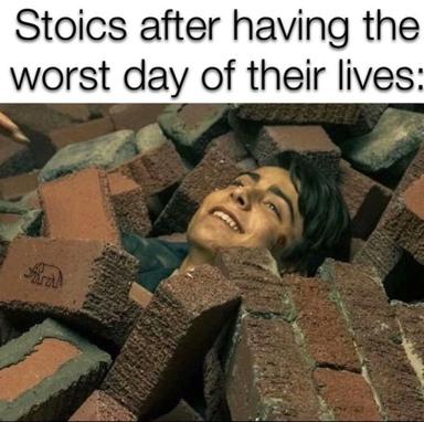 A Stoic sage maintains serene composure while entombed in bricks — mid-century Eastern European cinema meets modern philosophy humor.