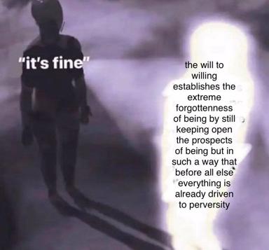 Silhouetted figure against glowing backdrop, juxtaposing casual dismissal with philosophical weight—the stoic paradox of pretending everything is fine.