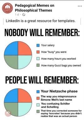 Pie-chart meme contrasting what people forget (salary, busyness, possessions) against what they remember (your Nietzsche phase and philosophical name-drops).