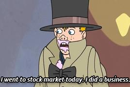 Middle-aged man in fedora reacts with shock and panic to a statement about going to the stock market; a classic meme format playing on awkward business banter.