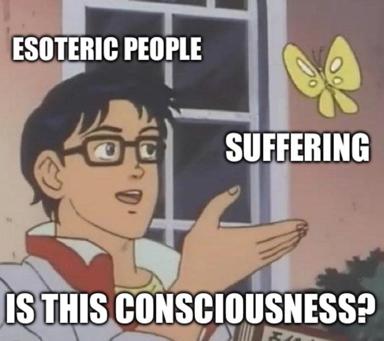 A bespectacled anime character shrugs at a yellow butterfly with the caption "Esoteric people suffering: is this consciousness?" — a absurdist meditation on philosophy-as-detachment.