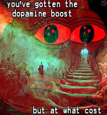 Surreal cosmic horror: enormous red eyes with eldritch pupils loom over a fiery landscape of impossible stairs and silhouettes, captioned "you've gotten the dopamine boost but at what cost"—visual metaphor for content addiction.