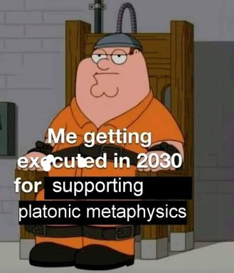 Peter Griffin in prison clothes facing execution for philosophical convictions—absurdist dark humor about unwavering allegiance to metaphysical positions.