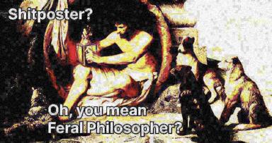 A Renaissance painting of putti is distorted with acidic color grading into yellows and deep reds; overlaid text rebrands "shitposter" as "Feral Philosopher."