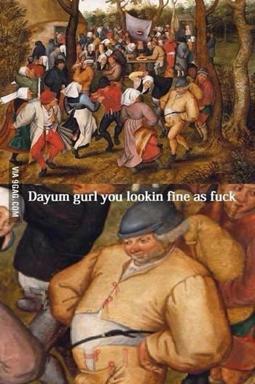 Renaissance banquet scene dressed in contemporary compliments; object-labelling meme