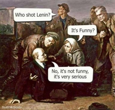 Lenin among Soviet officials in classical realist style; meme dialogue jokes darkly about his assassination attempt.