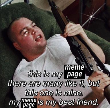 A bald man lying on a couch, shouting maniacally while holding a rifle, his eyes covered by star-shaped lens flares. A retro-film-stock riff on Full Metal Jacket's rifle monologue, but about owning a meme page.