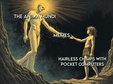 A glowing androgynous spirit hovers above a human figure in a mystical grotto, labeled as philosophy's anima mundi rendered as internet-era memes and hairless chimps with pocket computers.