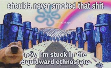 Surreal meme: a coypu confesses past drug use while trapped in a vaporwave-rendered monolit graveyard—regret meets absurdist humor in the Squidward Ethos.