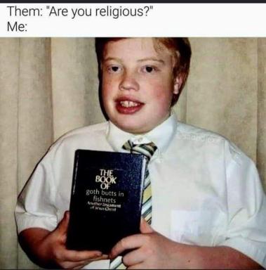 Child in formal attire holds a parody religious text with absurd title; deadpan joke about faith and contradiction.