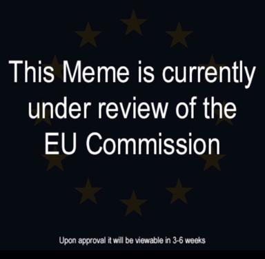 EU bureaucracy joke mocking content moderation review timelines, styled as an official EU notice.