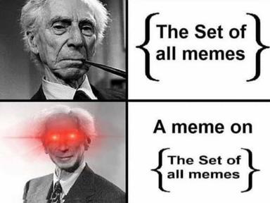 Russell's paradox visualized: a meme about the set of all memes breaks the philosopher's brain with self-referential recursive logic.