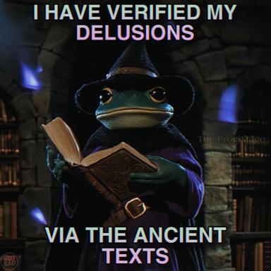 A wizardly frog in a pointy hat reads a leather-bound tome in a candlelit stone library, confidently asserting epistemic clarity through ancient scholarship.