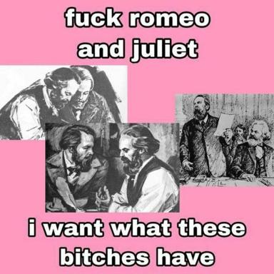 Shakespeare meme: three vintage *Romeo and Juliet* engravings on hot pink with irreverent text about wanting a tragic romance.