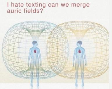 Two figures with wireframe auras contemplate merging via tech jargon instead of words