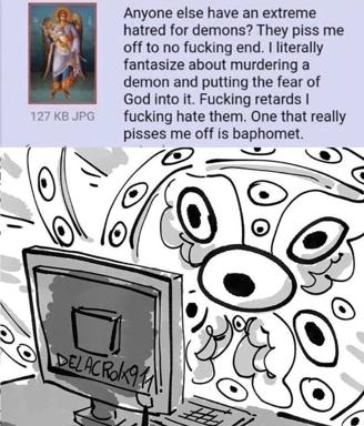 A confrontational rant against demons paired with an unsettling digital drawing of a screaming face surrounded by eyes, illustrating the poster's supposed demon-related anxieties.