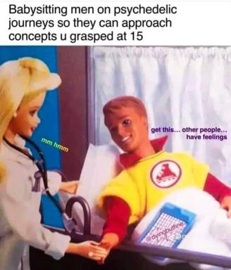 Barbie doll meme: a middle-aged man on psychedelics suddenly grasps abstract concepts and gains empathy; Barbie's response is subtly cutting.
