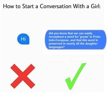 A linguistics-bro meme: "Hi" fails (red X); reconstructed Proto-Indo-European etymology succeeds (green checkmark). For people who flirt with dead languages.