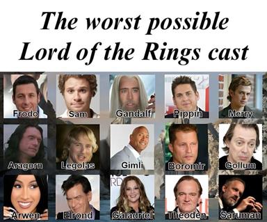 Absurdist meme imagining an intentionally terrible Lord of the Rings cast by pairing random celebrities with major LOTR characters—Cardi B as Arwen, The Rock as Gimli, Tarantino as Elrond.