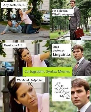 Linguistics doctorate misidentified as medical doctor; multi-panel disaster-film reaction meme with cartographic syntax trees as punchline.