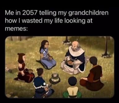 Future regret meme: an elderly storyteller addresses grandchildren in a circle; the joke is that he's about to recount a lifetime spent scrolling memes instead of doing something meaningful.