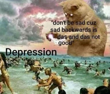 Capybara wisdom confronts depression: two-panel absurdist meme inverting motivational clichés with linguistic nonsense and ironic beach happiness.
