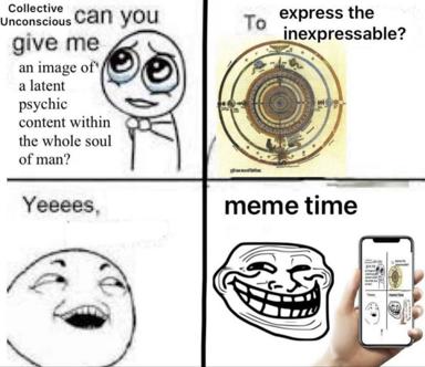 A four-panel meme mocking the urge to philosophize about the ineffable by pivoting to absurdist self-reference: Jung meets Troll Face.