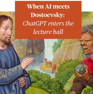Medieval painting meme: Dostoevsky on the left faces an unseen opponent (ChatGPT) on the right in a lecture hall. AI as literary rival, not tool.