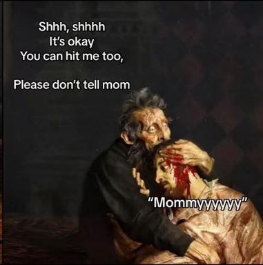 Dark comedy meme playing on the "don't tell mom" trope, staged with horror-movie creatures instead of children.