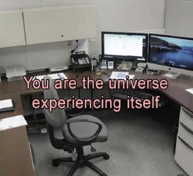 A philosophical meme superimposing the existential maxim "You are the universe experiencing itself" over a cramped office cubicle, creating absurdist contrast between cosmic consciousness and bureaucratic tedium.