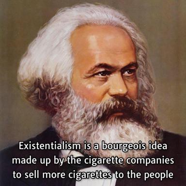 A 19th-century bearded philosopher in a portrait-style painting paired with a deadpan conspiracy joke about existentialism and tobacco marketing.