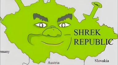 Shrek's face overlaid on the Czech Republic with the label "SHREK REPUBLIC"—a map-meme merging geography and character personification