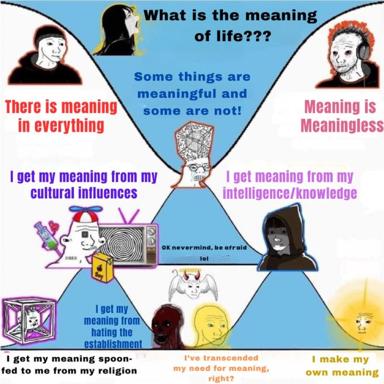 Six philosophical stances on life's meaning, each embodied as a figure radiating from the central question—a densely layered expanding-brain meme in crude, deliberately awkward digital art.