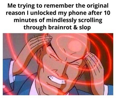 Anime character with red glowing effects, eyes squinted in frustrated concentration, captioned about phone usage and memory loss — a relatable self-deprecating joke about mindless scrolling.