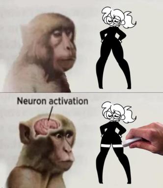 Neuroscience meme: monkey brain (labeled "neuron activation") reacts to a sexualized cartoon figure, using primate comparison to satirize human visual arousal.