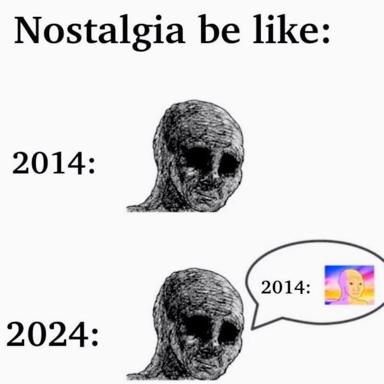 Two-panel meme contrasting nostalgia in 2014 versus 2024: blank-eyed textured skull faces (the "stonks" meme format) where 2024's figure recalls a vaporwave aesthetic image in a thought bubble.