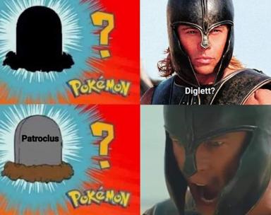 Two-panel Pokémon meme: "Who's that Pokémon?" template encounters the death of Patroclus (*Iliad*) as if a legendary were being revealed.