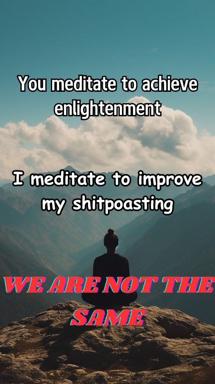 Meditating figure overlooking mountain valley, caption mocking spiritual aspiration by admitting the real goal is better shitposting.