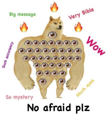 A hypermuscular Shiba Inu covered entirely in eyeballs, radiating occult authority and "such mystery," surrounded by fire emojis and contradictory claims in rainbow text.