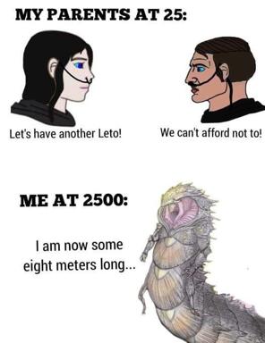 A three-panel meme contrasting parental financial compromise at 25 with a horrifying evolutionary joke about lineage after 500 years of unchecked childbearing.