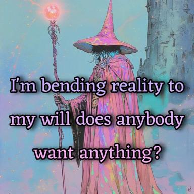 A cosmic wizard in flowing robes and pointed hat holds an orb-topped staff against an otherworldly landscape, offering a reality-bending deal in ironic millennial voice-over.